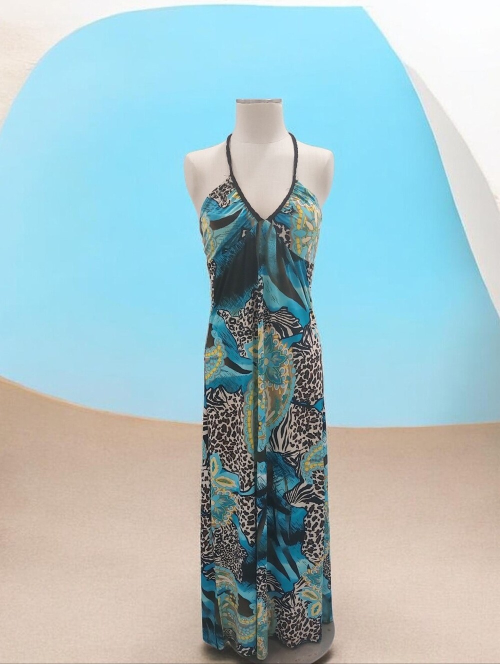 Rue21 Teal and Black Tropical Halter Maxi Dress